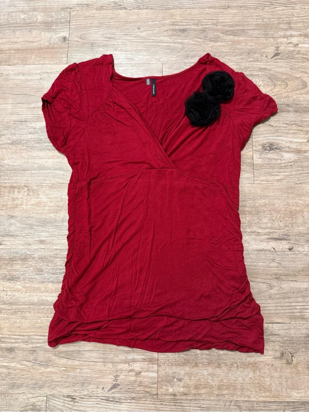 Maurices Red Ruched Short Sleeve Top with Black Floral Accent